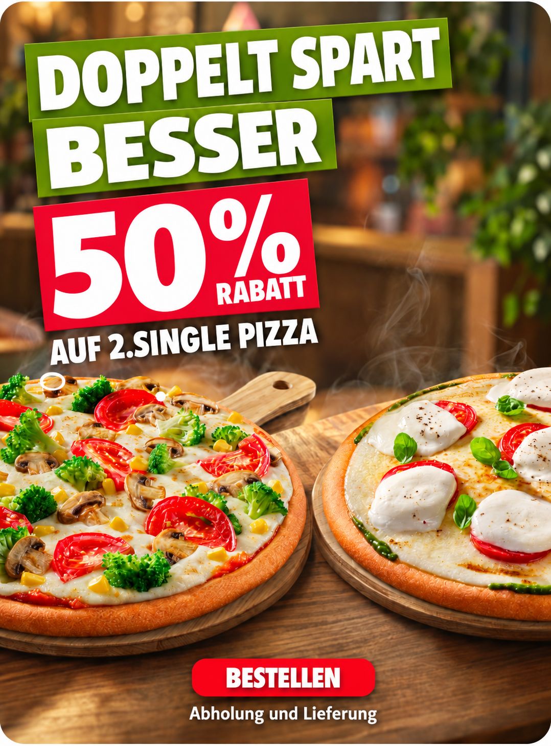 Burger Bulls Aktionsmotiv „Doppelt spart besser – 50 % Rabatt auf die 2. Single Pizza“