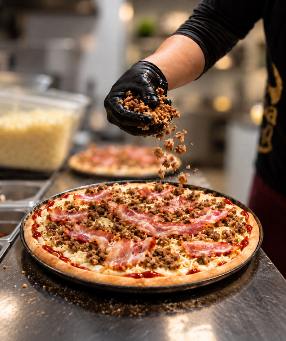 Pizza wird in einer Burger Bulls Küche frisch belegt