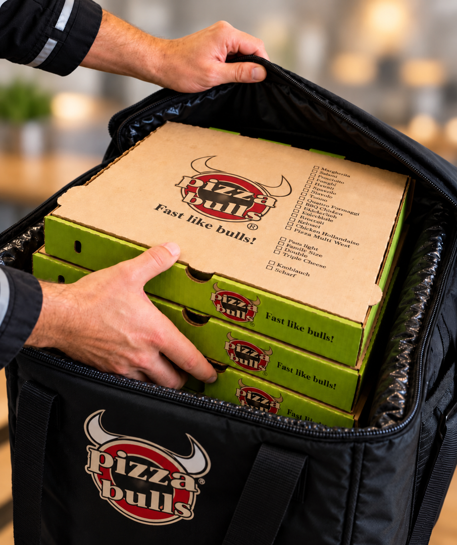 Pizza-Bulls-Liefertasche mit gestapelten Pizza-Bulls-Kartons